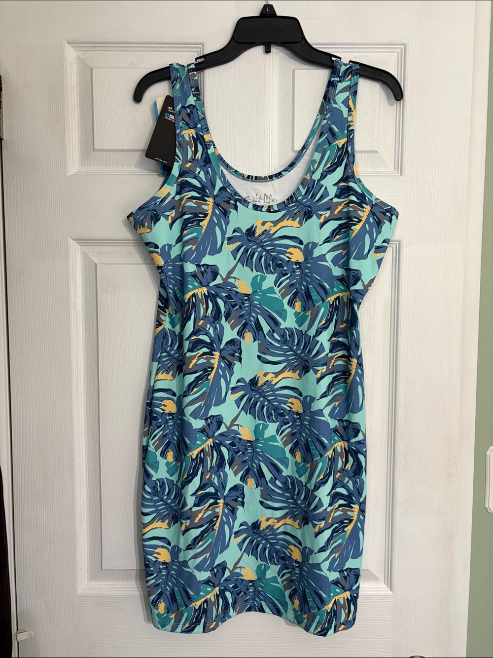Salt Life Aqua Tropical Tank Dress with Navy & Yellow Leaves